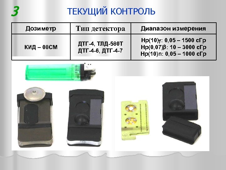 3 ТЕКУЩИЙ КОНТРОЛЬ Дозиметр Тип детектора Диапазон измерения КИД – 08 CМ ДТГ-4, ТЛД-580