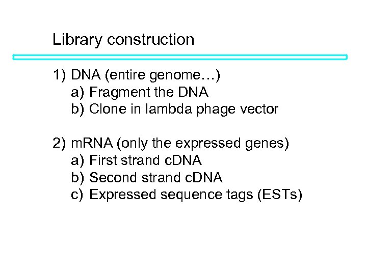 Library construction 1) DNA (entire genome…) a) Fragment the DNA b) Clone in lambda