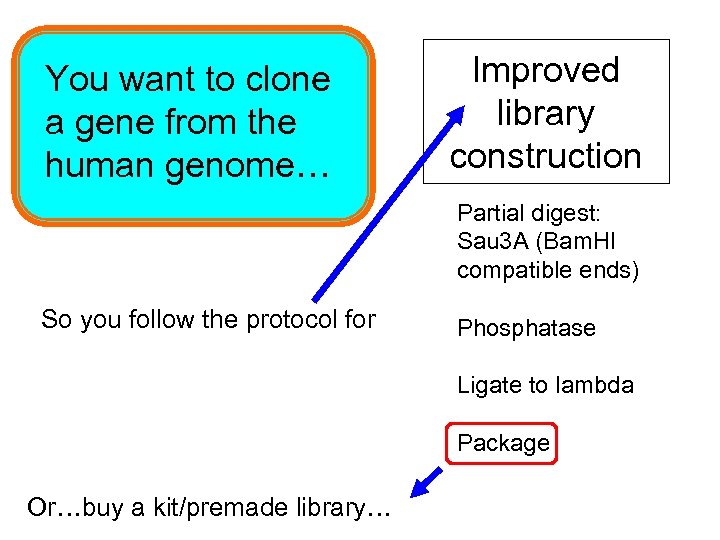 You want to clone a gene from the human genome… Improved library construction Partial