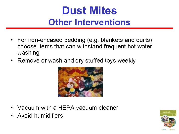 Dust Mites Other Interventions • For non-encased bedding (e. g. blankets and quilts) choose