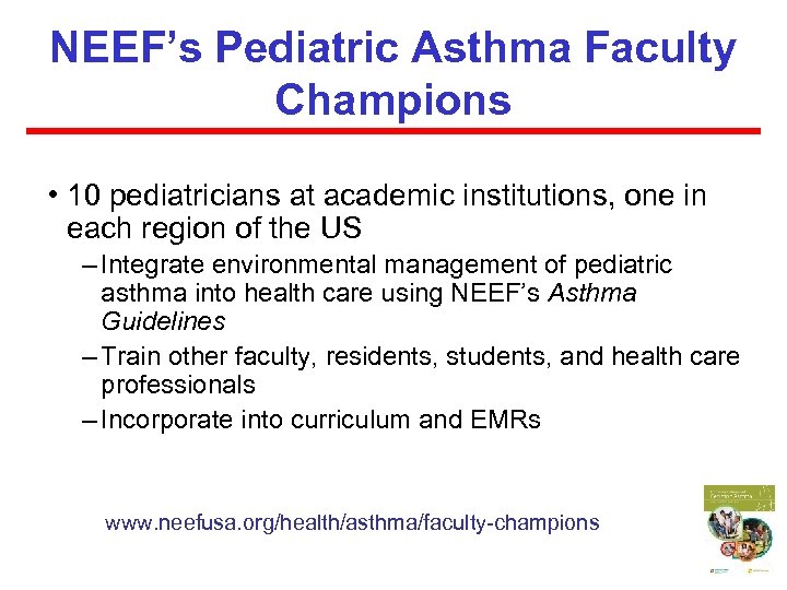 NEEF’s Pediatric Asthma Faculty Champions • 10 pediatricians at academic institutions, one in each
