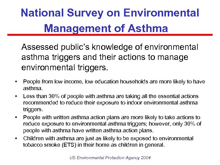 National Survey on Environmental Management of Asthma Assessed public’s knowledge of environmental asthma triggers