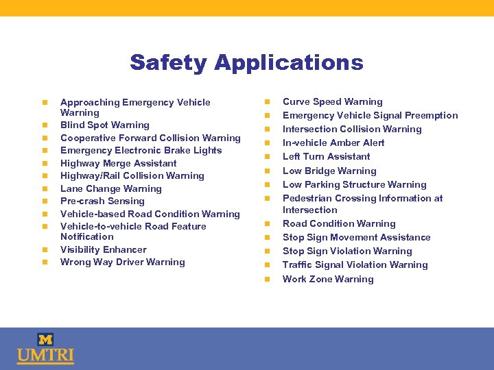 Safety Applications n n n Approaching Emergency Vehicle Warning Blind Spot Warning Cooperative Forward