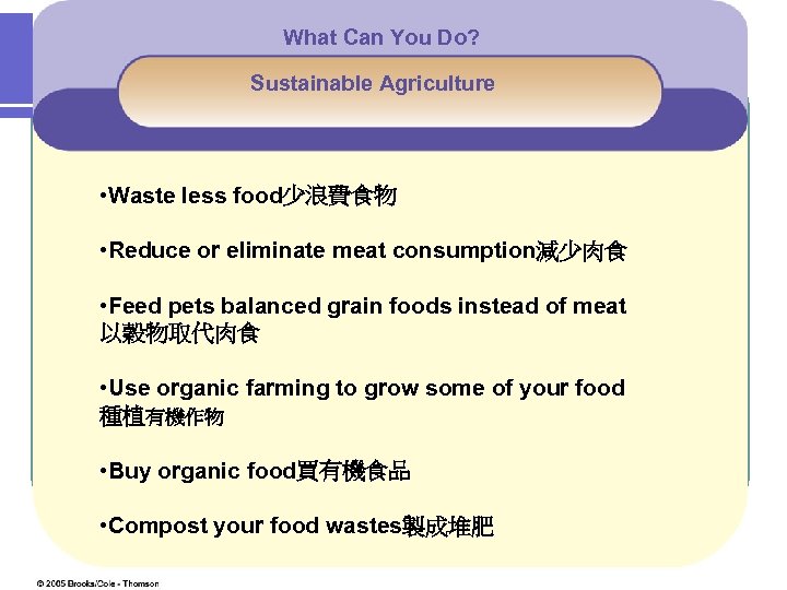 What Can You Do? Sustainable Agriculture • Waste less food少浪費食物 • Reduce or eliminate