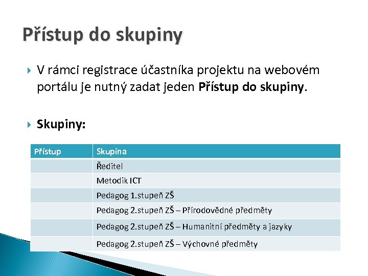 Přístup do skupiny V rámci registrace účastníka projektu na webovém portálu je nutný zadat