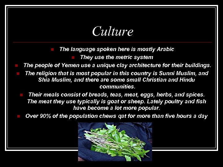 Culture The language spoken here is mostly Arabic n They use the metric system