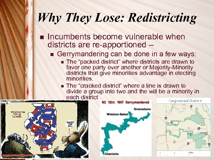 Why They Lose: Redistricting n Incumbents become vulnerable when districts are re-apportioned – n