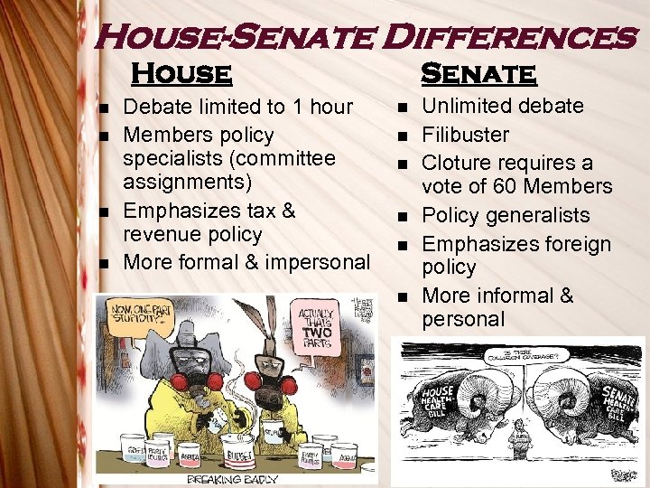 House-Senate Differences Senate House n n Debate limited to 1 hour Members policy specialists
