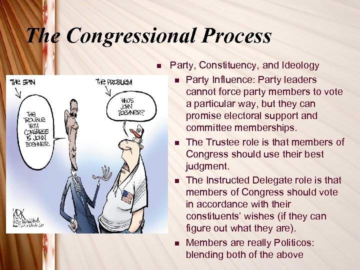 The Congressional Process n Party, Constituency, and Ideology n Party Influence: Party leaders cannot