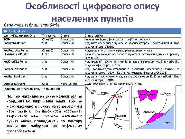 Особливості цифрового опису населених пунктів Структура таблиці атрибутів TD_Atr_Nas. Punkt Ідентифікатор атрибуту TOID Kod.