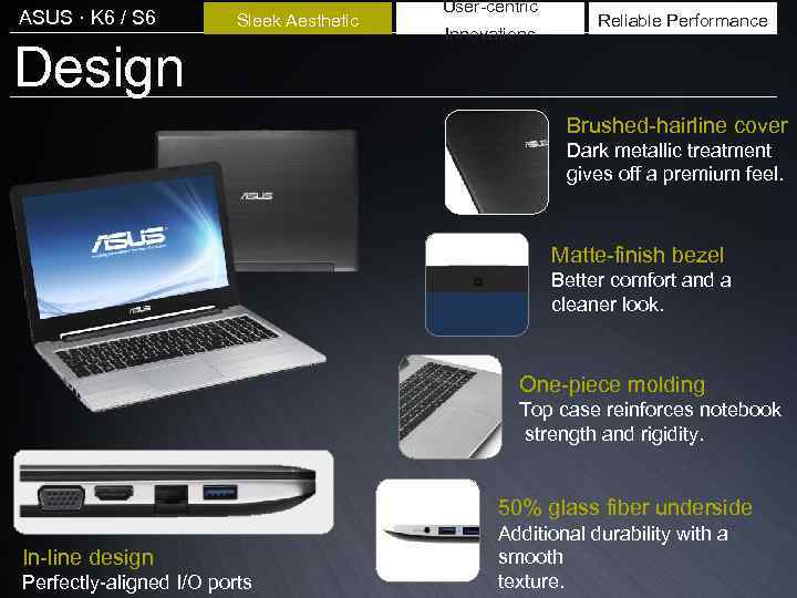 ASUS · K 6 / S 6 Sleek Aesthetic Design User-centric Innovations Reliable Performance