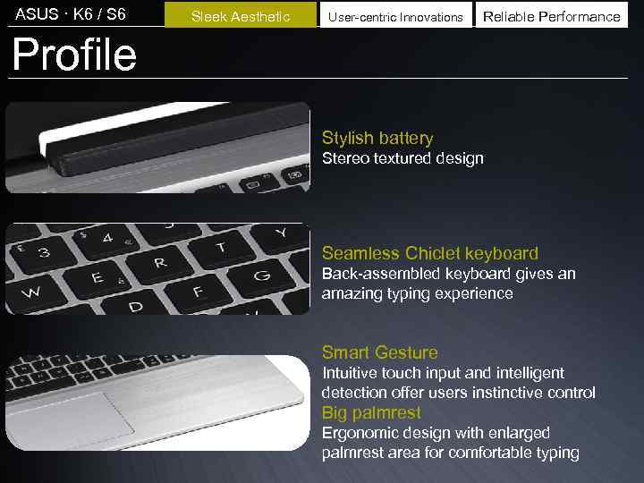 ASUS · K 6 / S 6 Sleek Aesthetic User-centric Innovations Reliable Performance Profile