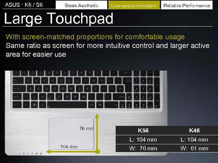 ASUS · K 6 / S 6 Sleek Aesthetic User-centric Innovations Reliable Performance Large