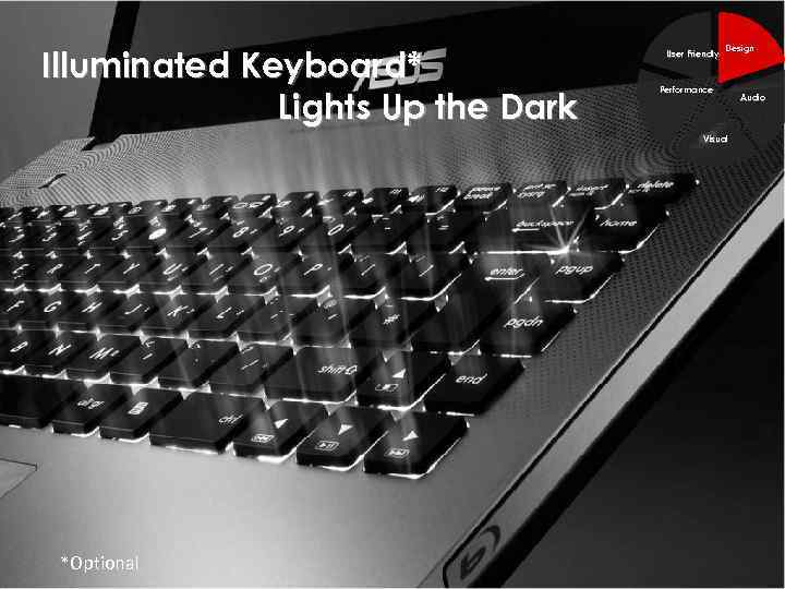 Illuminated Keyboard* Lights Up the Dark User Friendly Design Performance Visual *Optional Audio 