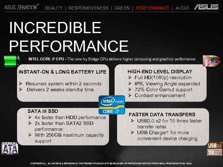 BEAUTY | RESPONSIVENESS | GREEN | PERFORMANCE | AUDIO INCREDIBLE PERFORMANCE INTEL CORE i