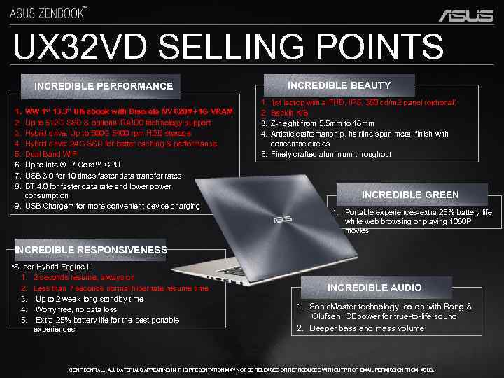 UX 32 VD SELLING POINTS INCREDIBLE BEAUTY INCREDIBLE PERFORMANCE 1. 2. 3. 4. 5.