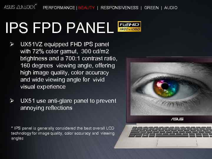 PERFORMANCE | BEAUTY | RESPONSIVENESS | GREEN | AUDIO IPS FPD PANEL Ø UX