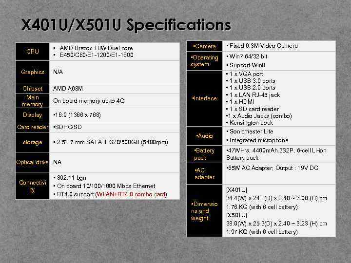 X 401 U/X 501 U Specifications CPU • AMD Brazos 18 W Duel core