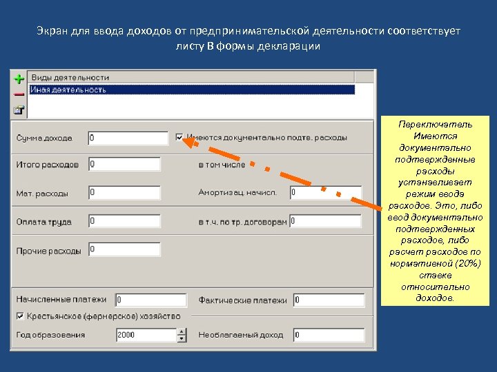 Экран для ввода доходов от предпринимательской деятельности соответствует листу В формы декларации Переключатель Имеются