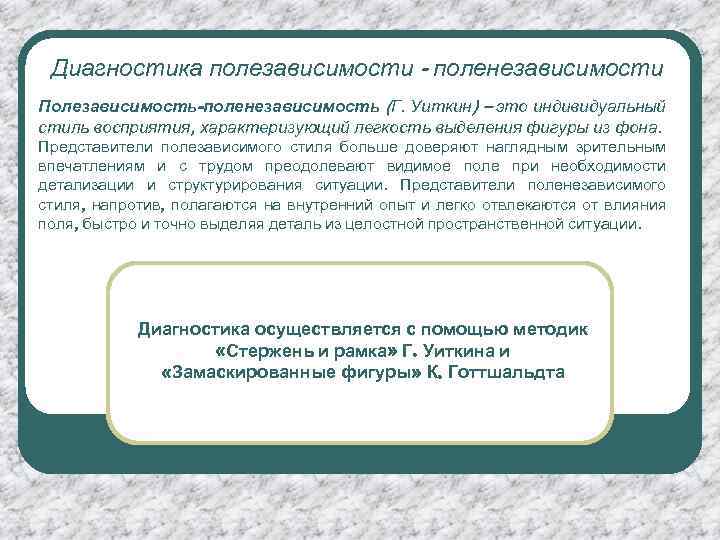 Диагностика полезависимости - поленезависимости Полезависимость-поленезависимость (Г. Уиткин) – это индивидуальный стиль восприятия, характеризующий легкость