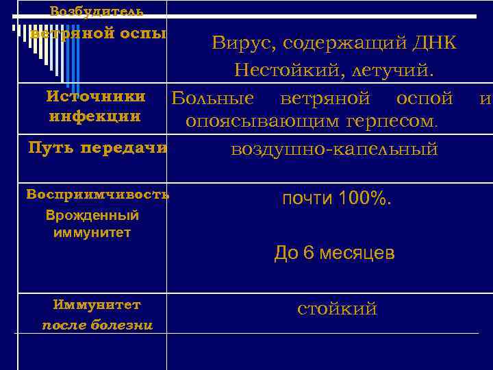 Возбудитель ветряной оспы Вирус, содержащий ДНК Нестойкий, летучий. Источники Больные ветряной оспой инфекции опоясывающим