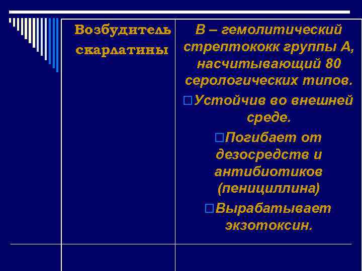 Возбудитель В – гемолитический скарлатины стрептококк группы А, насчитывающий 80 серологических типов. o. Устойчив