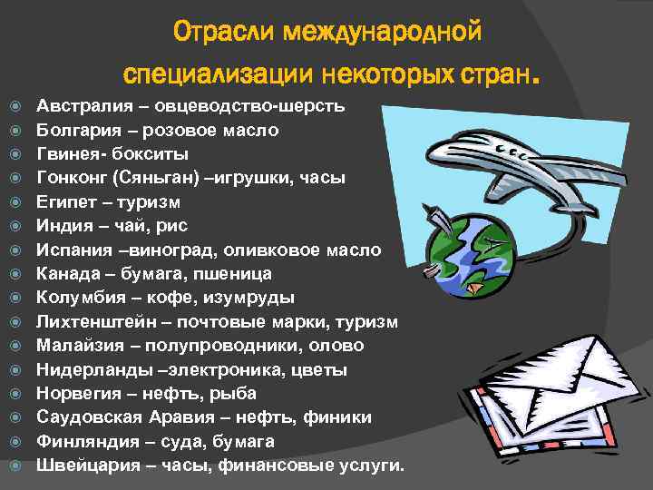 Отрасли международной специализации некоторых стран. Австралия – овцеводство-шерсть Болгария – розовое масло Гвинея- бокситы