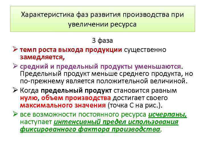 Характеристика фаз развития производства при увеличении ресурса 3 фаза Ø темп роста выхода продукции