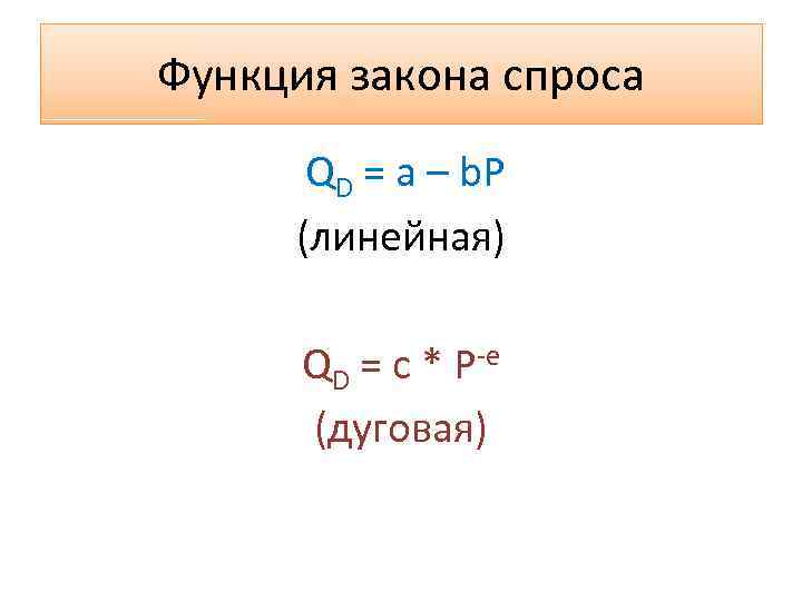 Функция закона спроса QD = a – b. P (линейная) QD = c *