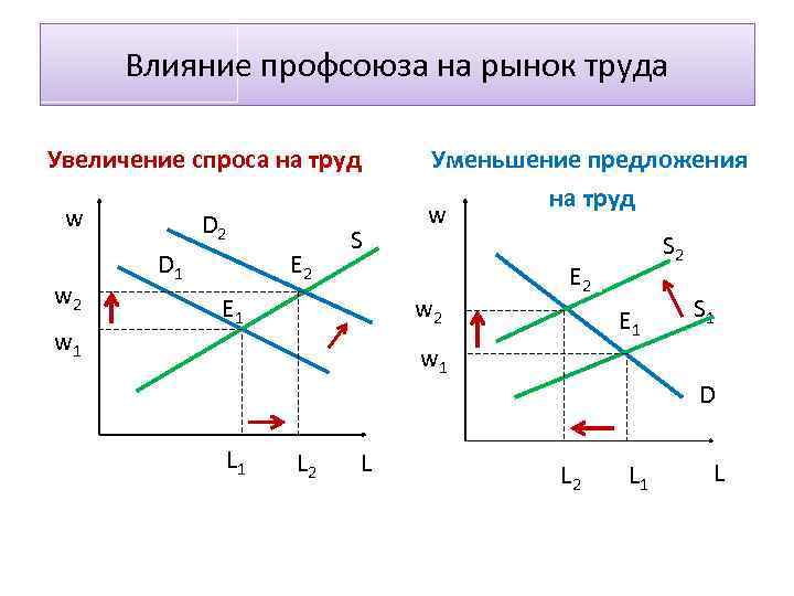 Влияние профсоюза на рынок труда Увеличение спроса на труд w w 2 w 1