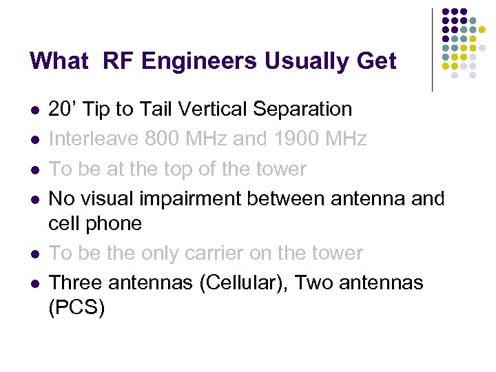 What RF Engineers Usually Get l l l 20’ Tip to Tail Vertical Separation