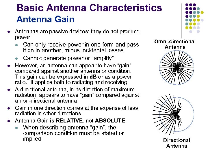 Basic Antenna Characteristics Antenna Gain l Antennas are passive devices: they do not produce