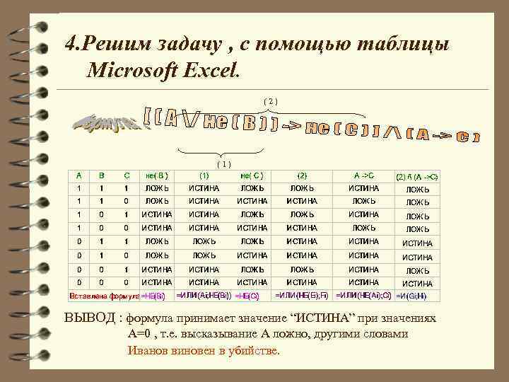 4. Решим задачу , с помощью таблицы Microsoft Excel. (2) (1) ВЫВОД : формула