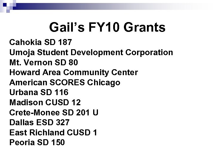Gail’s FY 10 Grants Cahokia SD 187 Umoja Student Development Corporation Mt. Vernon SD