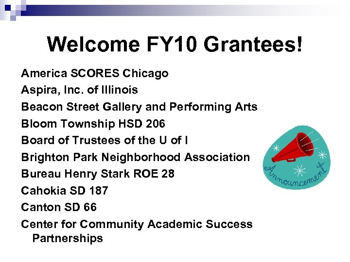 Welcome FY 10 Grantees! America SCORES Chicago Aspira, Inc. of Illinois Beacon Street Gallery