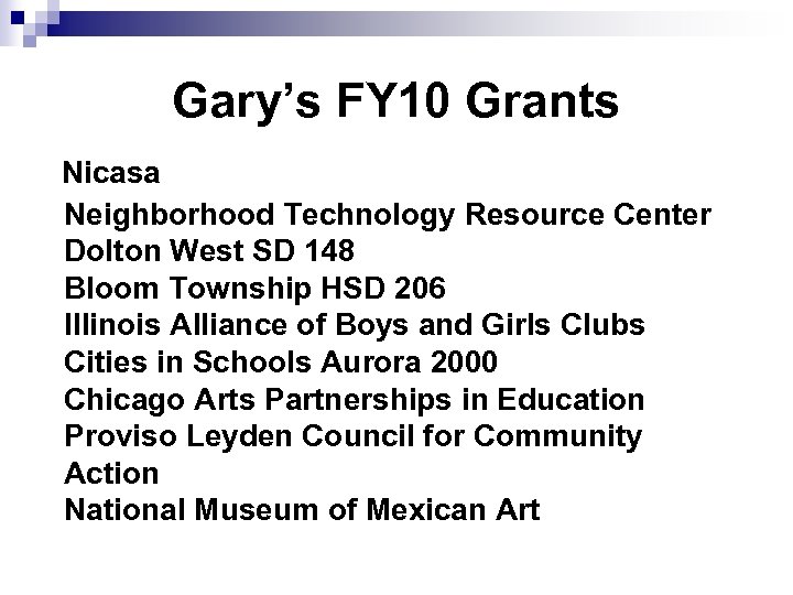 Gary’s FY 10 Grants Nicasa Neighborhood Technology Resource Center Dolton West SD 148 Bloom