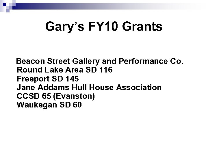 Gary’s FY 10 Grants Beacon Street Gallery and Performance Co. Round Lake Area SD