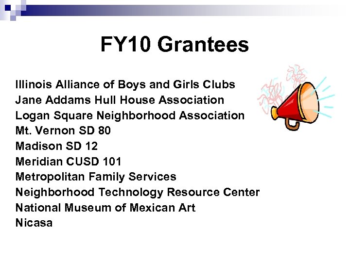 FY 10 Grantees Illinois Alliance of Boys and Girls Clubs Jane Addams Hull House