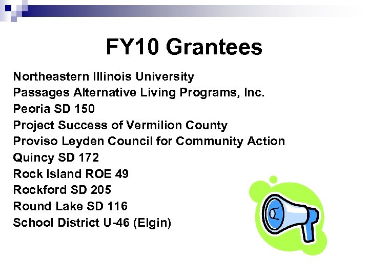FY 10 Grantees Northeastern Illinois University Passages Alternative Living Programs, Inc. Peoria SD 150