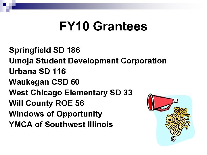 FY 10 Grantees Springfield SD 186 Umoja Student Development Corporation Urbana SD 116 Waukegan