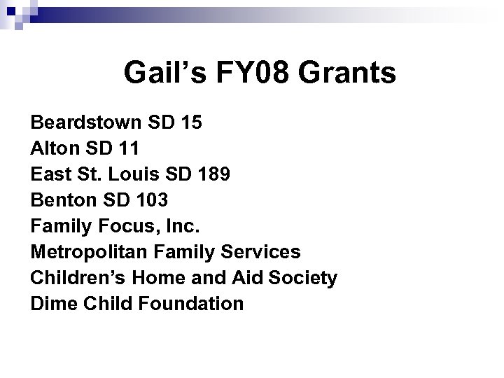 Gail’s FY 08 Grants Beardstown SD 15 Alton SD 11 East St. Louis SD