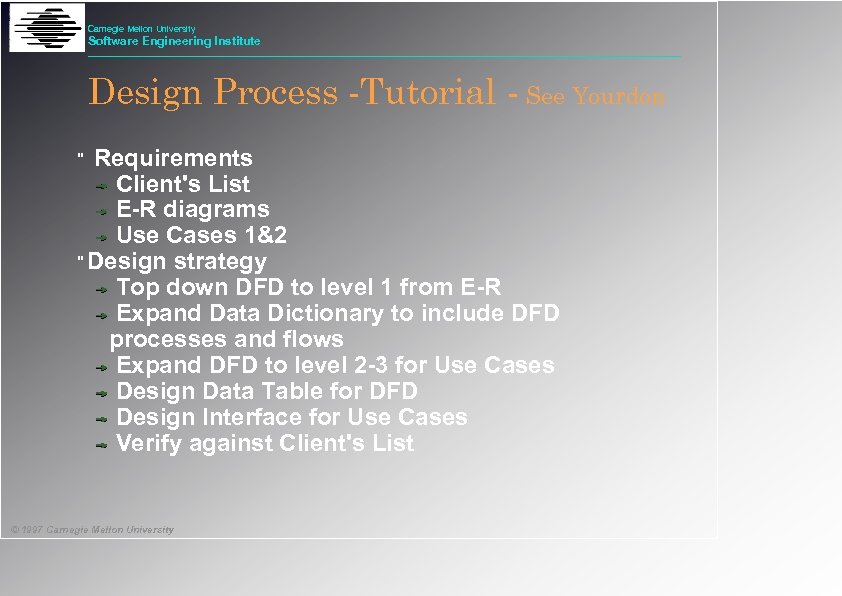 Carnegie Mellon University Software Engineering Institute Design Process -Tutorial - See Yourdon Requirements Client's