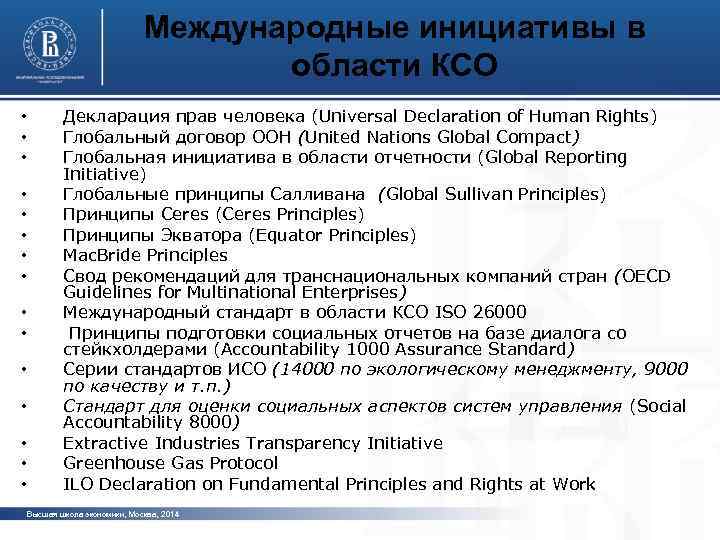 Международные инициативы в области КСО • • • • Декларация прав человека (Universal Declaration
