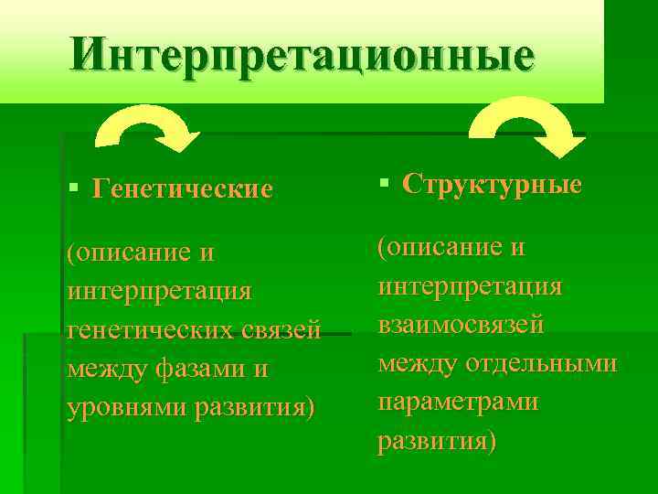 Интерпретационные § Генетические § Структурные (описание и интерпретация взаимосвязей между отдельными параметрами развития) интерпретация