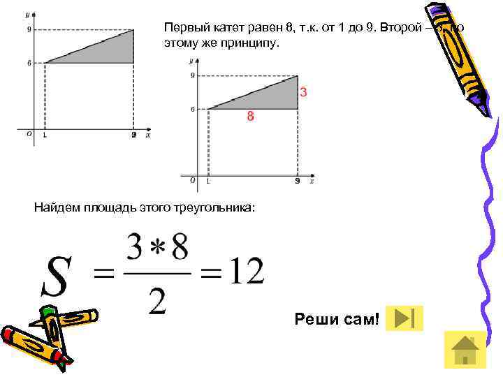 Первый катет равен 8, т. к. от 1 до 9. Второй – 3, по