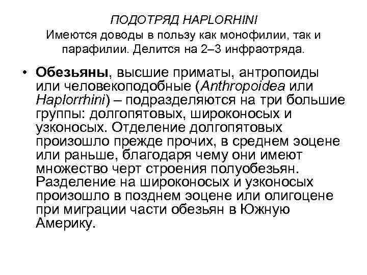 ПОДОТРЯД HAPLORHINI Имеются доводы в пользу как монофилии, так и парафилии. Делится на 2–