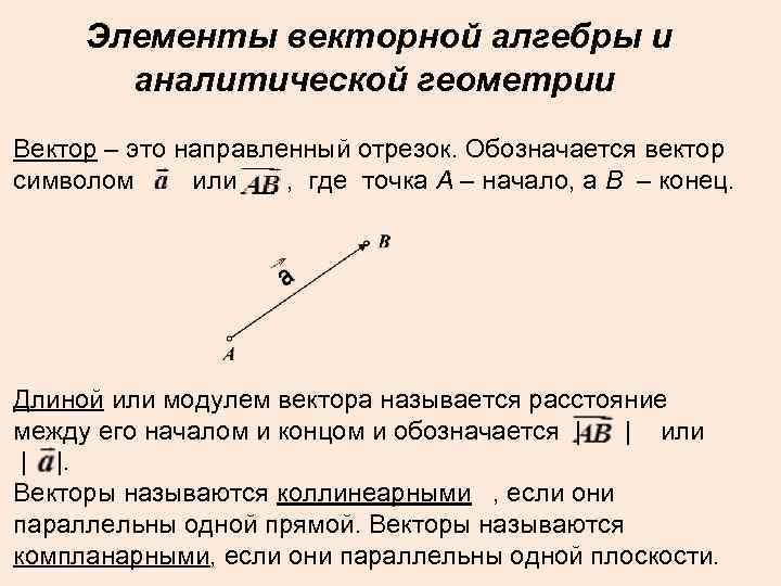 Элементы векторной алгебры и аналитической геометрии Вектор – это направленный отрезок. Обозначается вектор символом