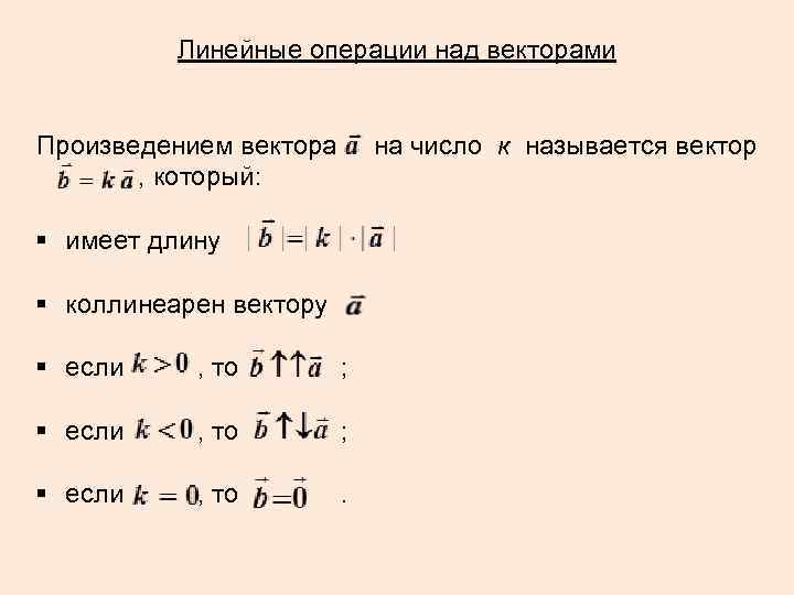 Линейные операции над векторами Произведением вектора на число к называется вектор , который: §
