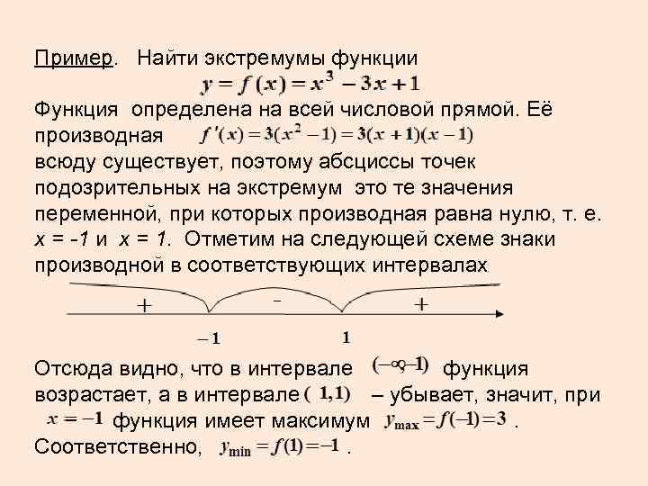 Пример. Найти экстремумы функции Функция определена на всей числовой прямой. Её производная всюду существует,