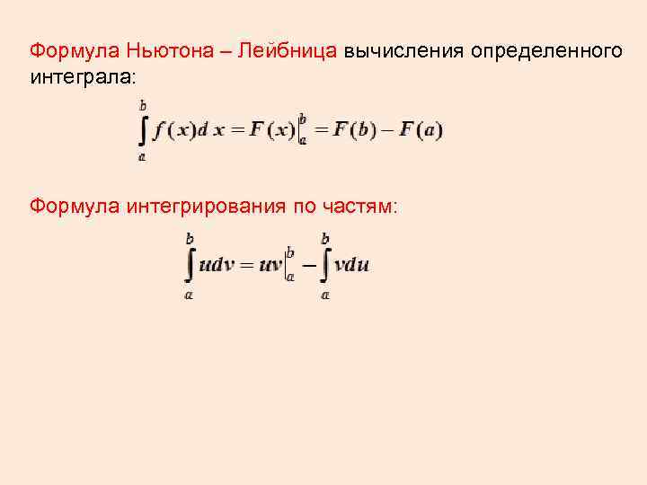 Формула Ньютона – Лейбница вычисления определенного интеграла: Формула интегрирования по частям: 